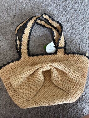 kate spade Beige raffia Straw Tote with Black Trim and Bow